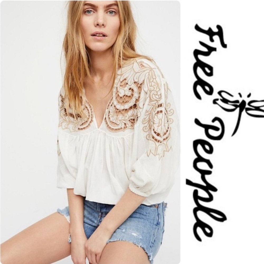 Free People Cutwork Embroidered Dolman Blouse Top